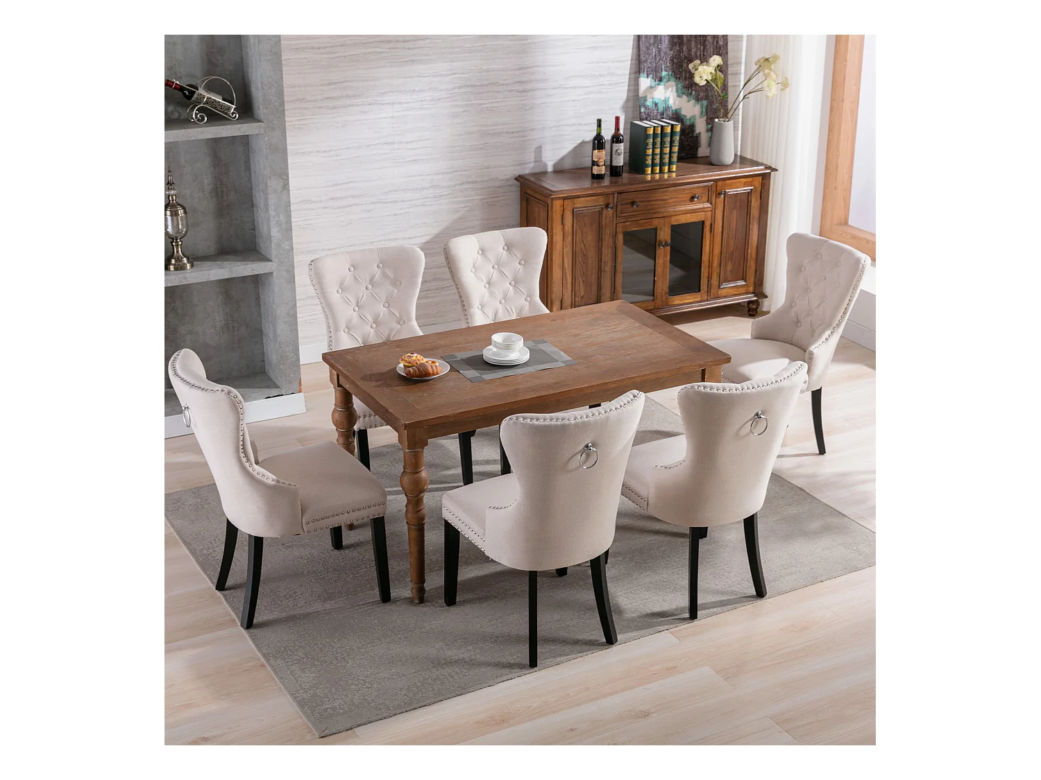 Chaise longue in tela beige con piedini in legno tuftato rivestito in metallo per sala da pranzo o camera da letto