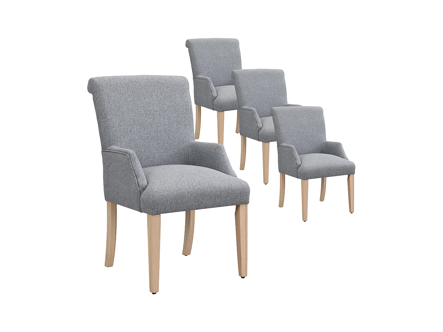 Chaise en lin gris con accoudoirs, pieds bois massiccio réglables et coussin épais pour salon ou kitchen lot de 4