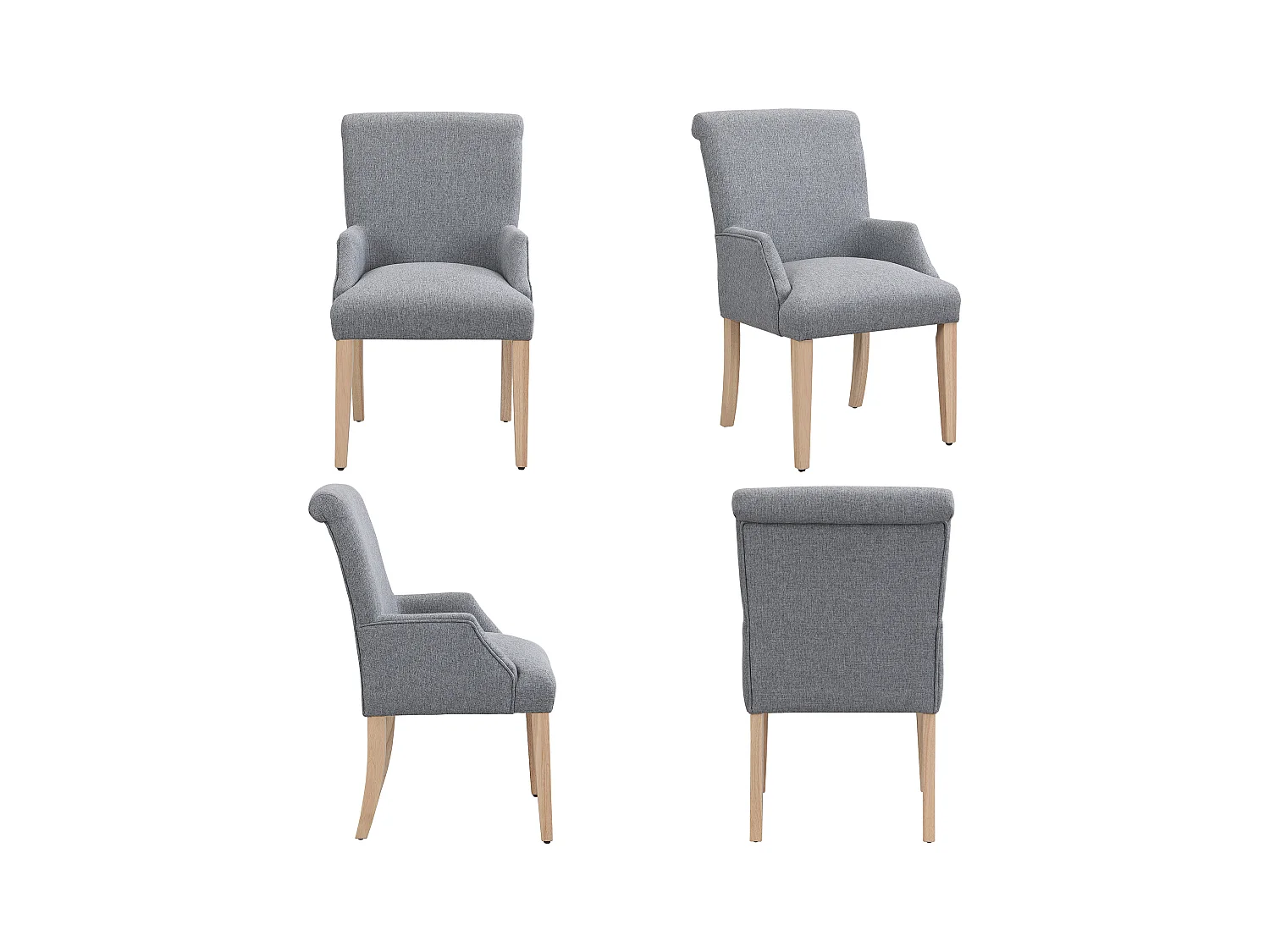 Chaise en lin gris con accoudoirs, pieds bois massiccio réglables et coussin épais pour salon ou kitchen lot de 4