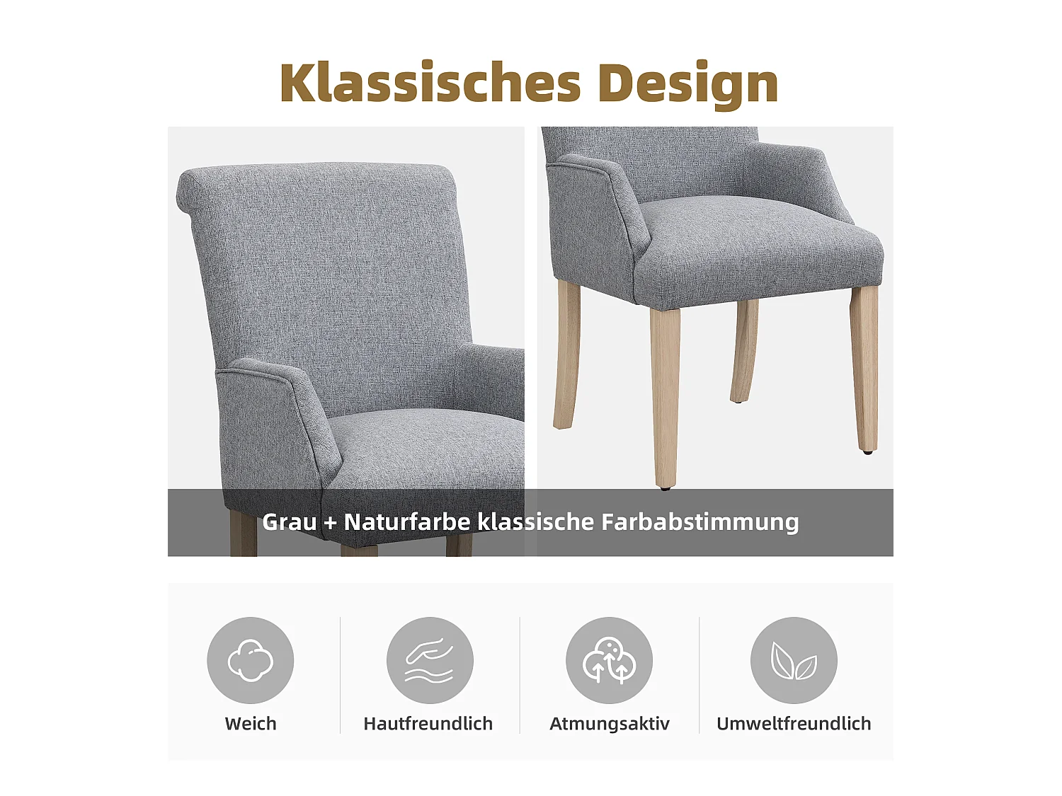 Chaise en lin gris con accoudoirs, pieds bois massiccio réglables et coussin épais pour salon ou kitchen lot de 4