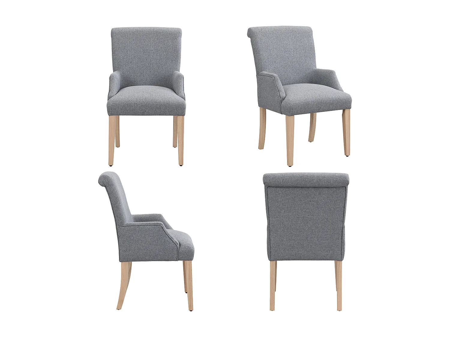 Chaise en lin gris avec accoudoirs, pieds bois massif réglables et coussin épais pour salon ou cuisine lot de 4