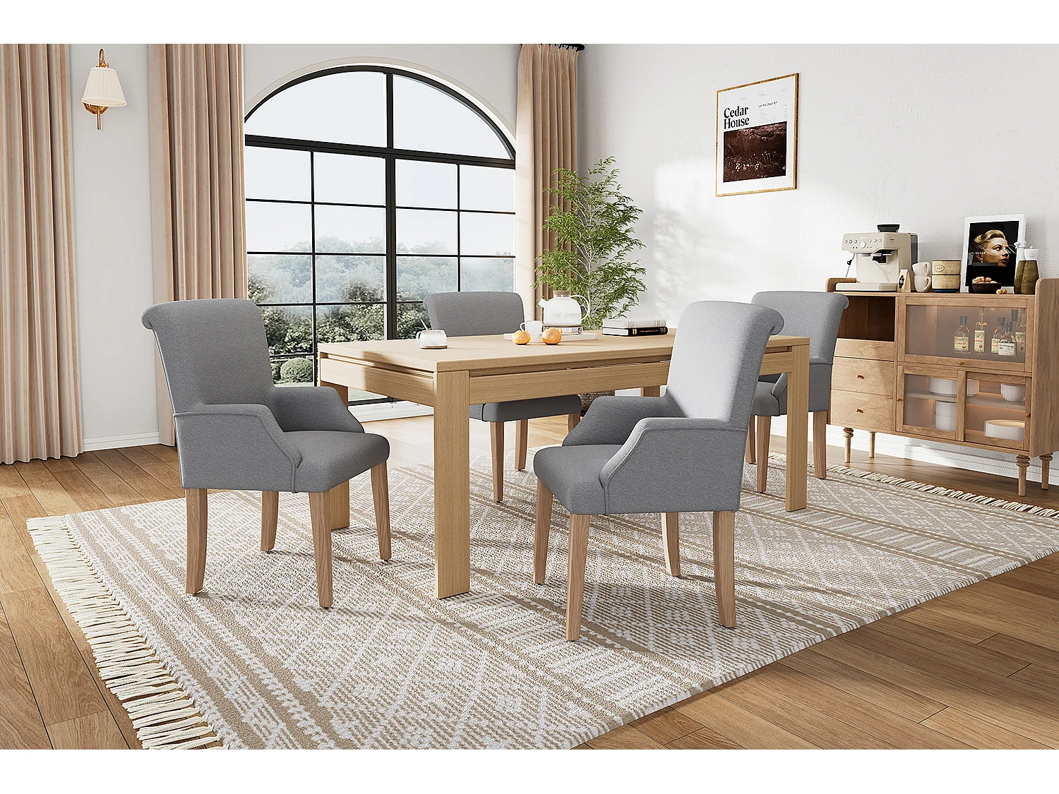 Chaise en lin gris avec accoudoirs, pieds bois massif réglables et coussin épais pour salon ou cuisine lot de 4