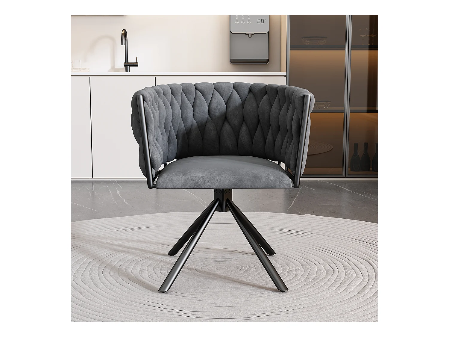 Cadeira giratória de veludo bege com design moderno e pernas de metal para sala de estar ou quarto, cinza