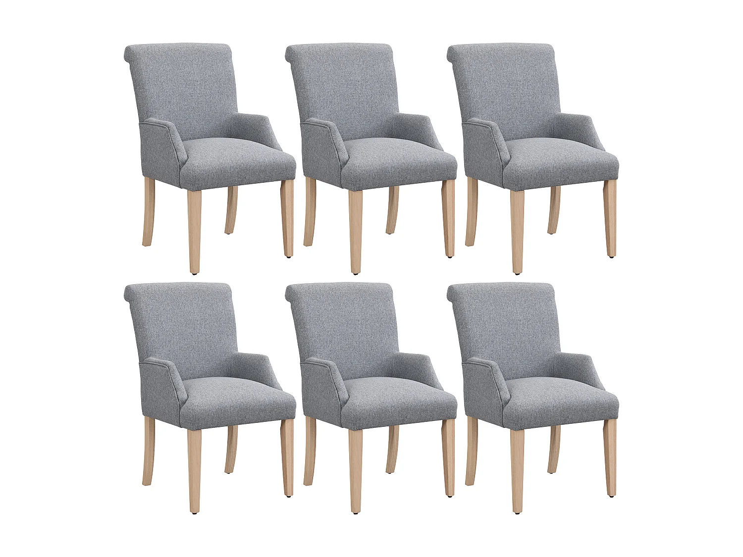 Chaise en lin gris avec accoudoirs, pieds bois massif réglables et coussin épais pour salon ou cuisine lot de 6
