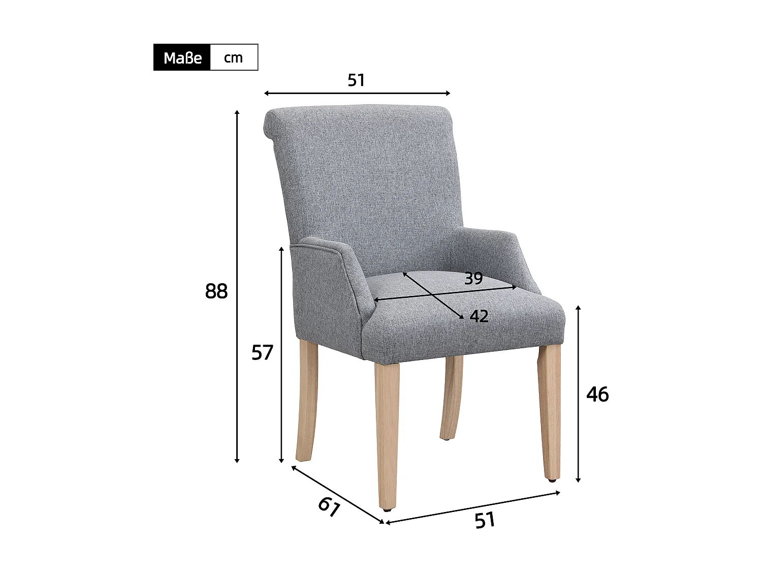 Chaise en lin gris avec accoudoirs, pieds bois massif réglables et coussin épais pour salon ou cuisine lot de 6