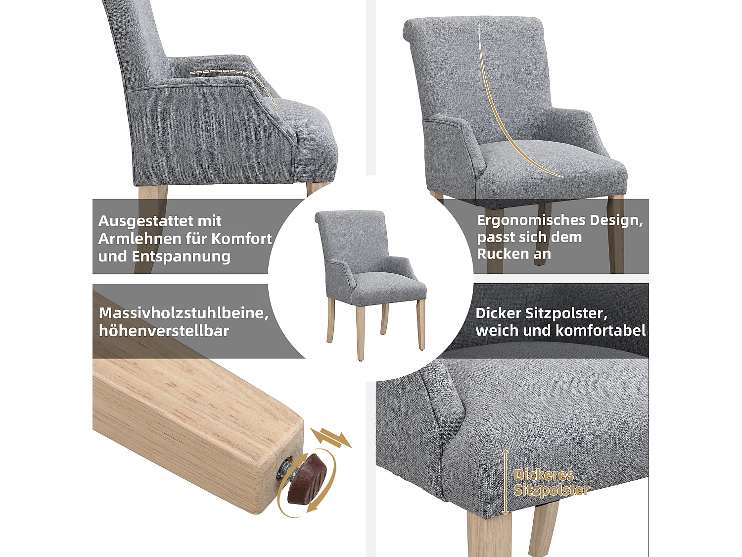 Chaise en lin gris avec accoudoirs, pieds bois massif réglables et coussin épais pour salon ou cuisine lot de 6