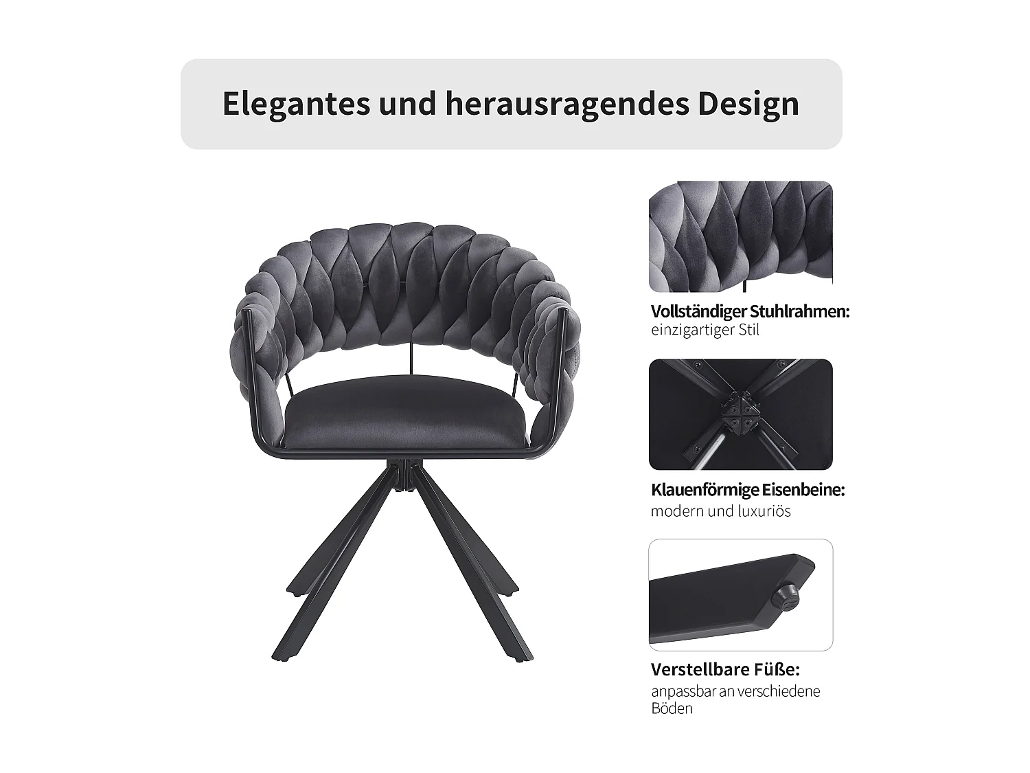 Chaise sala da pranzo in velluto ergonomica pieds metal regolabile design moderno grigio 64x54x77cm