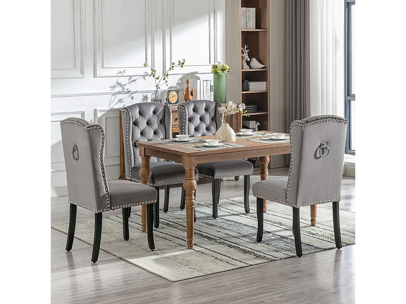 Juego de 2 sillas de terciopelo gris con patas de roble, estilo tapizado con tachuelas para comedor o sala de estar, juego de 4