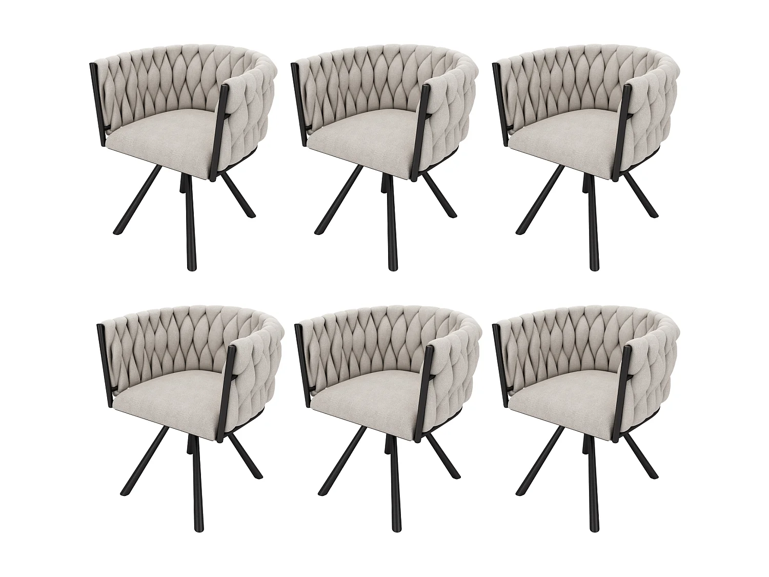 Chaise longue girevole in lino beige e nero dal design moderno con piedini in metallo per salone o camera, lotto da 6