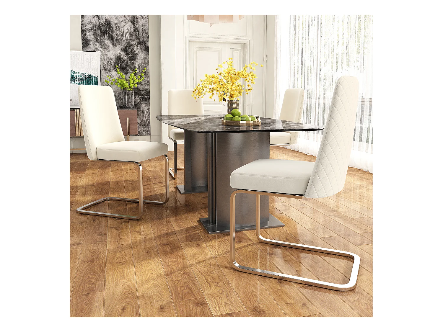 Cadeira de veludo bege com encosto estofado e pernas de metal prateado para sala de estar ou sala de jantar, conjunto de 2