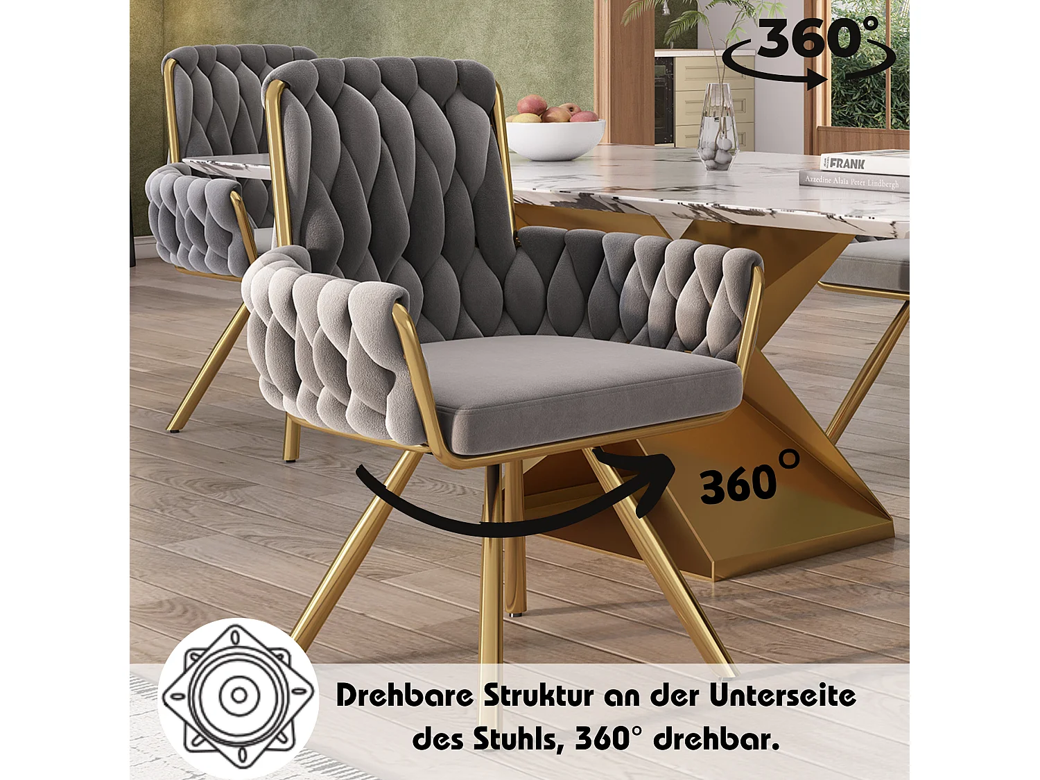 Chaise pivotante en velours gris avec accoudoirs et pieds métal pour salon et chambre lot de 4