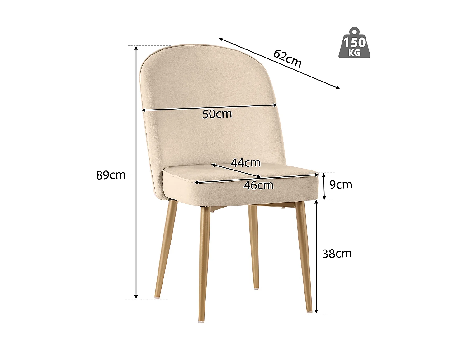 Chaise salle à manger en velours beige pieds métal or dossier arrondi confortable 45×62×87cm lot de 6