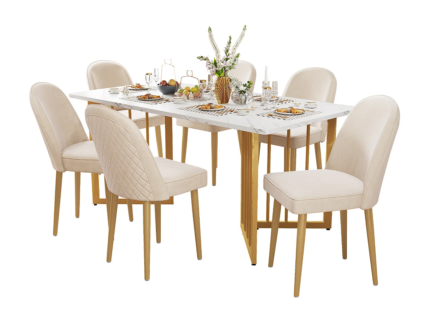 Chaise salle à manger en velours beige pieds métal or dossier arrondi confortable 45×62×87cm lot de 6