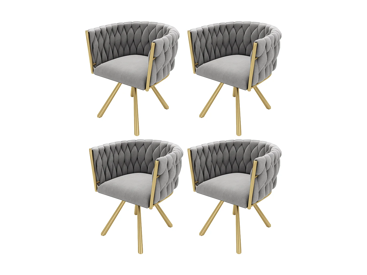 Juego de 4 sillas giratorias de terciopelo gris dorado de diseño moderno de 2 piezas con patas de metal para sala de estar y dormitorio