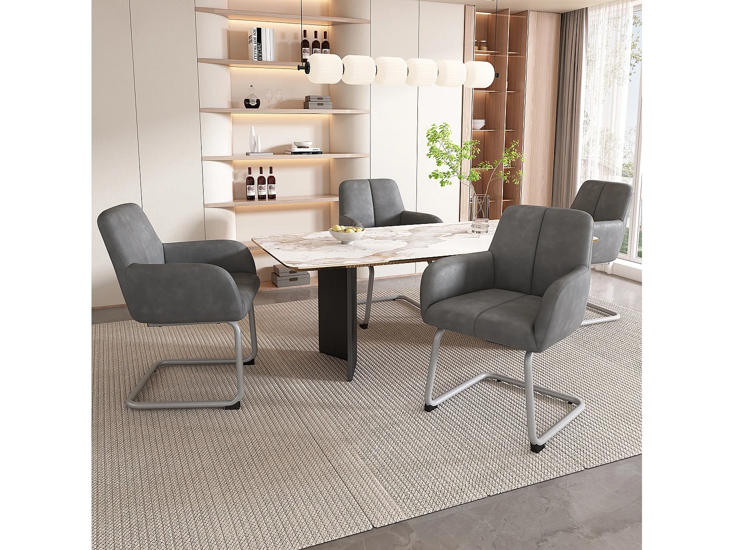 Cadeira de couro de microfibra cinza com braços, pernas de metal arqueadas, estilo moderno para sala de estar ou quarto, conjunto de 6