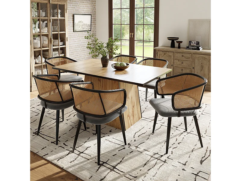 Silla de comedor con cojín de terciopelo y respaldo de ratán, patas de madera de metal, 47 x 51 x 79 cm, para restaurante, sala de estar, juego de 6