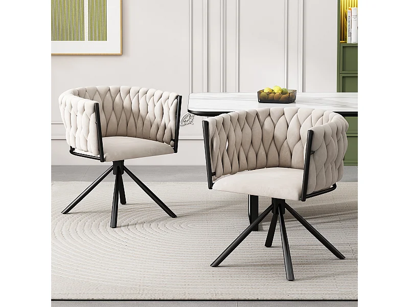 Silla giratoria de terciopelo beige de diseño moderno con patas de metal para sala de estar, dormitorio, comedor, juego de 2