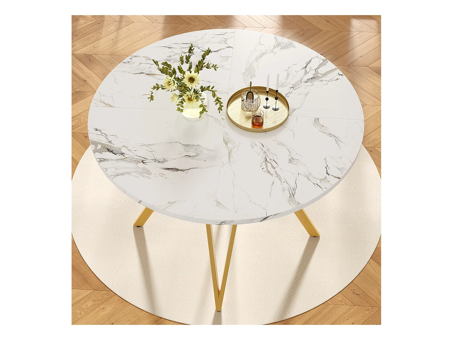 Mesa de comedor redonda MDF efecto mármol patas metálicas regulables 100x100x76cm oro