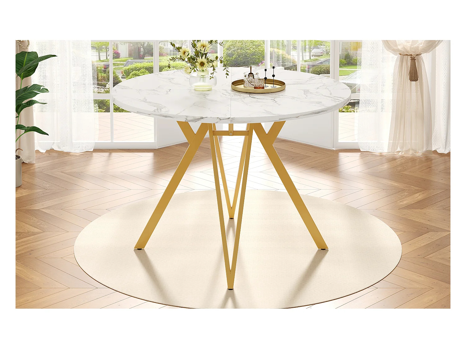 Mesa de comedor redonda MDF efecto mármol patas metálicas regulables 100x100x76cm oro