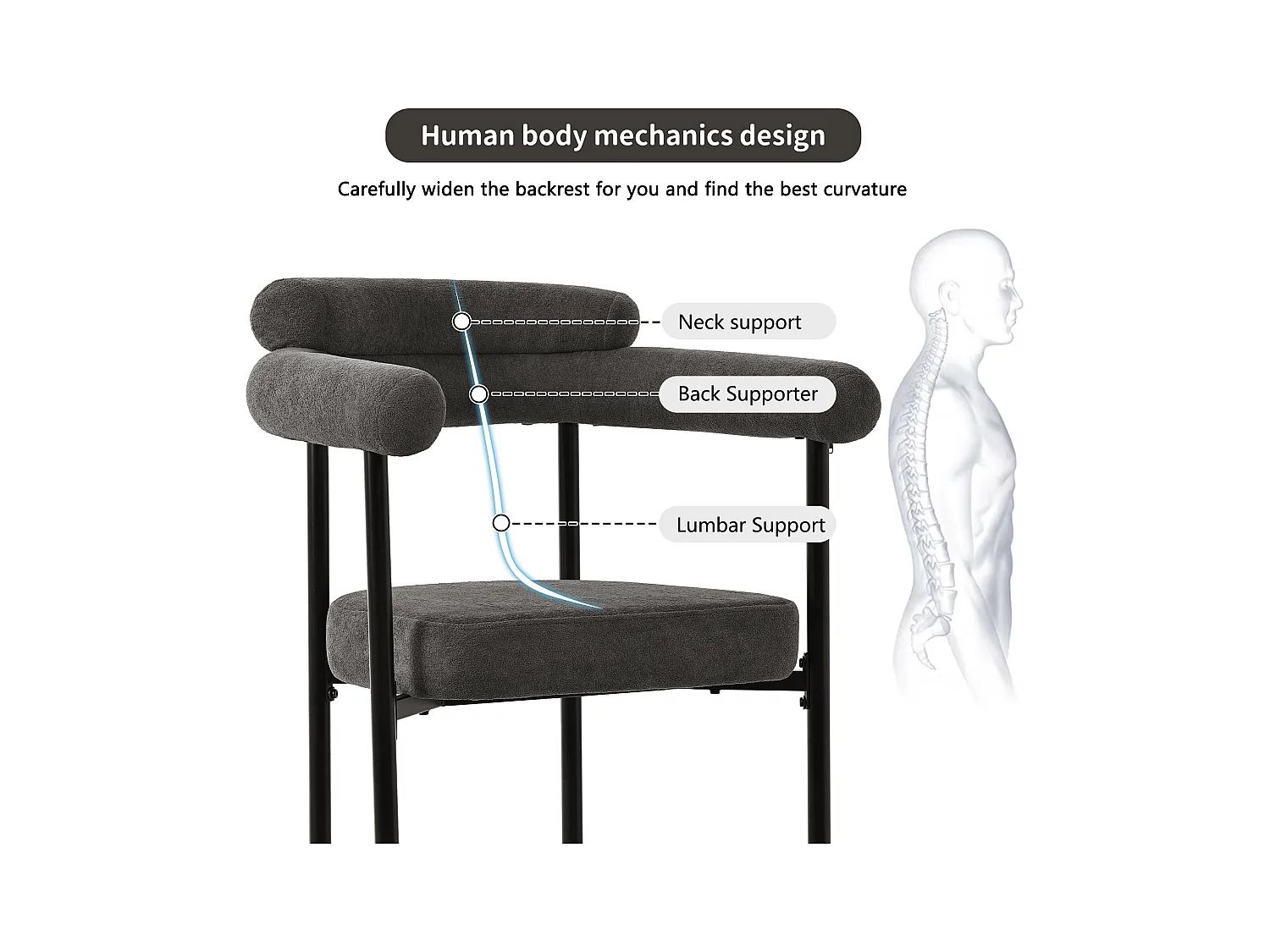 Poltrona confortável de veludo com encosto ergonômico e pés de metal para sala de estar ou escritório 70×62×84cm conjunto de 2, cinza escuro