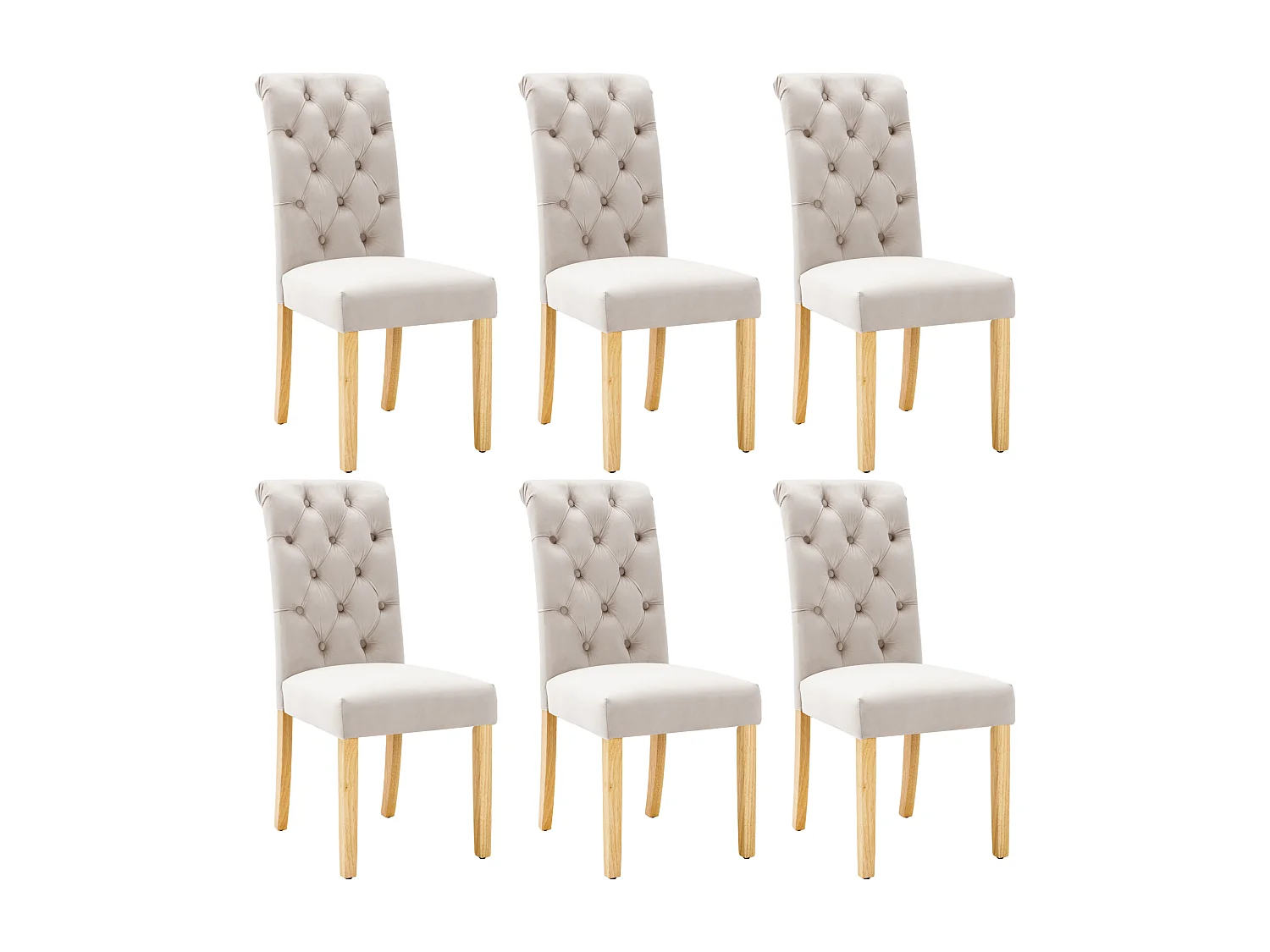 Chaise de salle à manger velours beige lot de 6 avec pieds en chêne style classique bouton capitonné lot de 6
