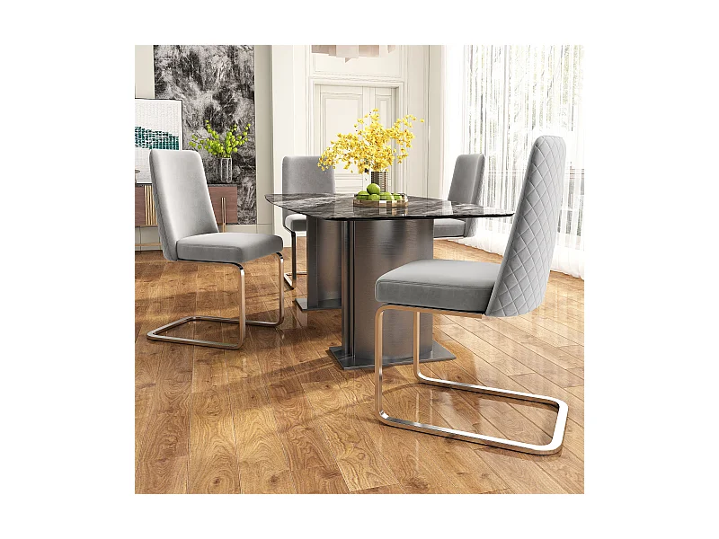 Chaise longue in velluto grigio con schienale capitonné in metallo argentato per salone o sala da pranzo lotto di 4