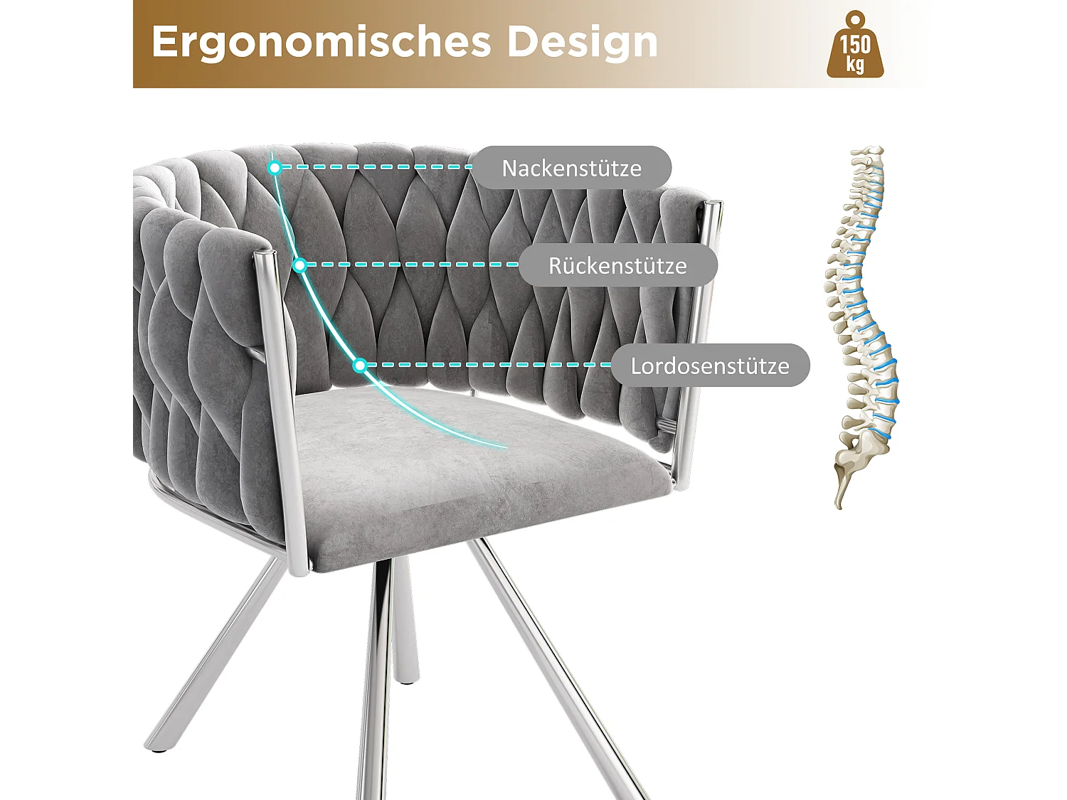 Silla giratoria de terciopelo gris con patas de metal para sala de estar, dormitorio, oficina, diseño moderno, juego de 2