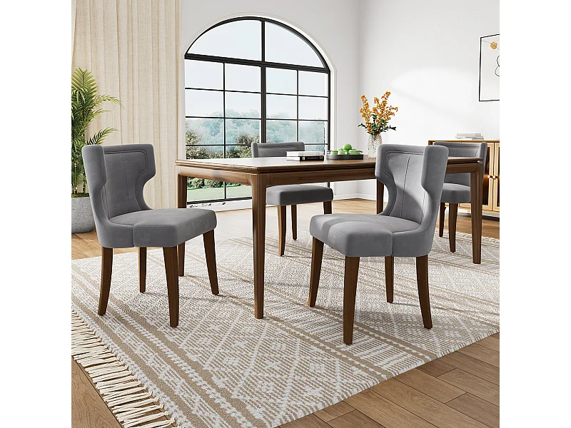 Silla de terciopelo gris con patas ajustables de madera maciza y cojín grueso para sala de estar o cocina, juego de 4
