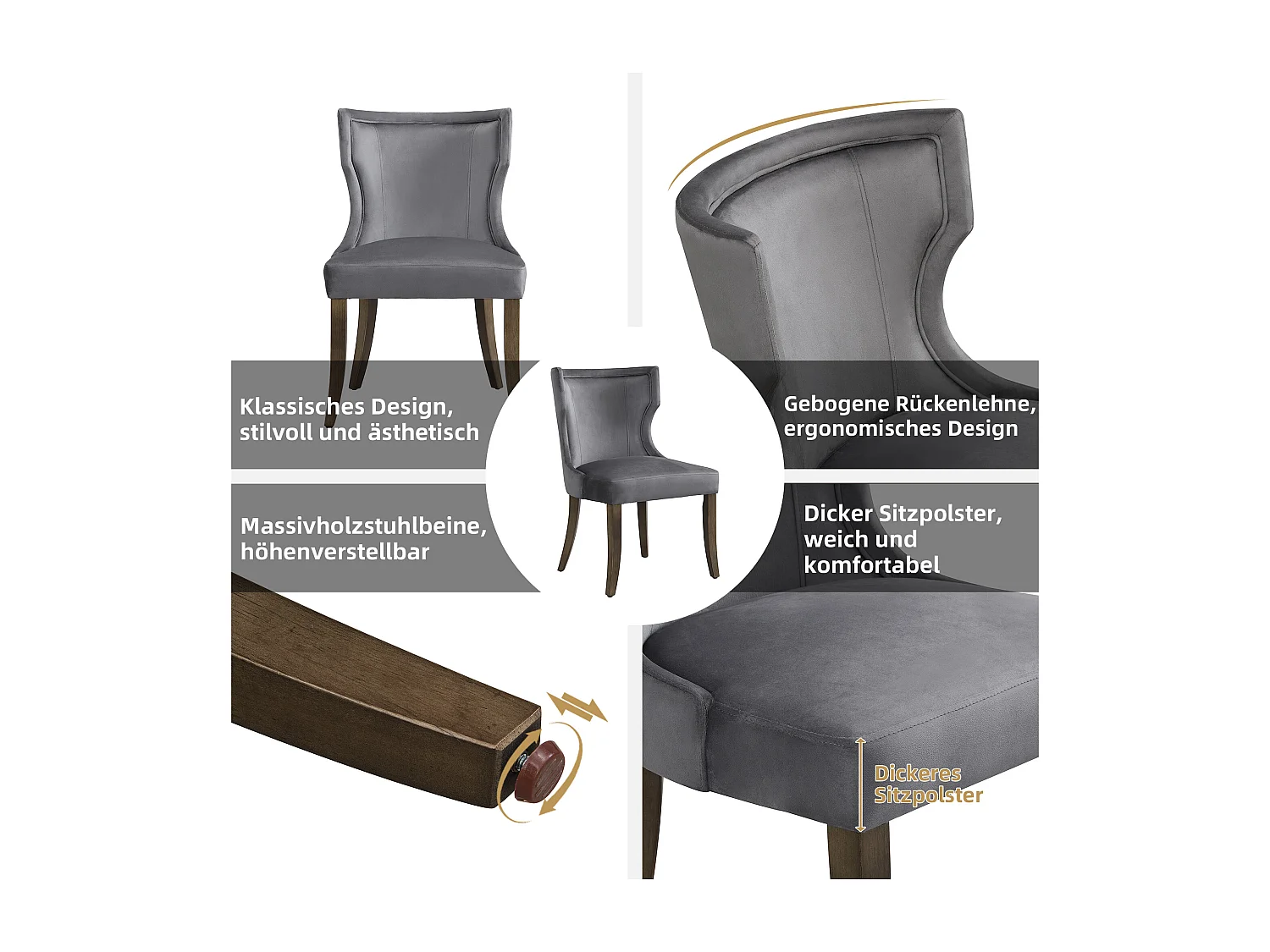 Silla de terciopelo gris con patas ajustables de madera maciza y cojín grueso para sala de estar o cocina, juego de 4