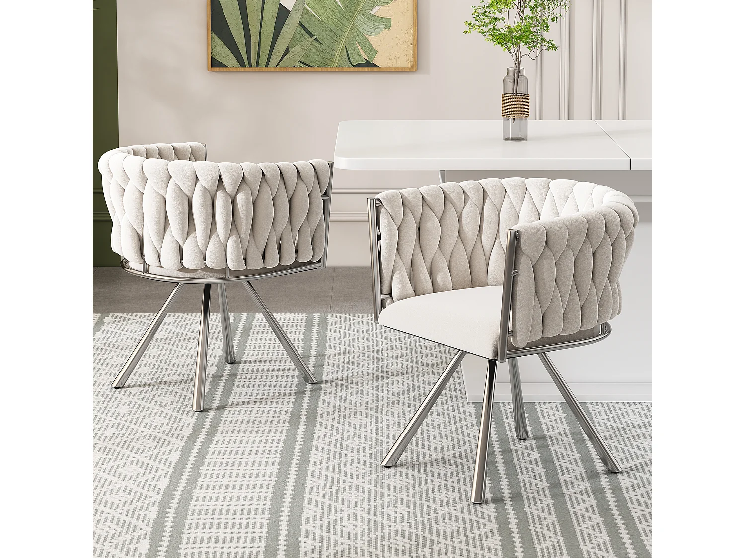 Chaise pivotante en velours beige avec pieds métal argenté pour salon ou chambre design lot de 6