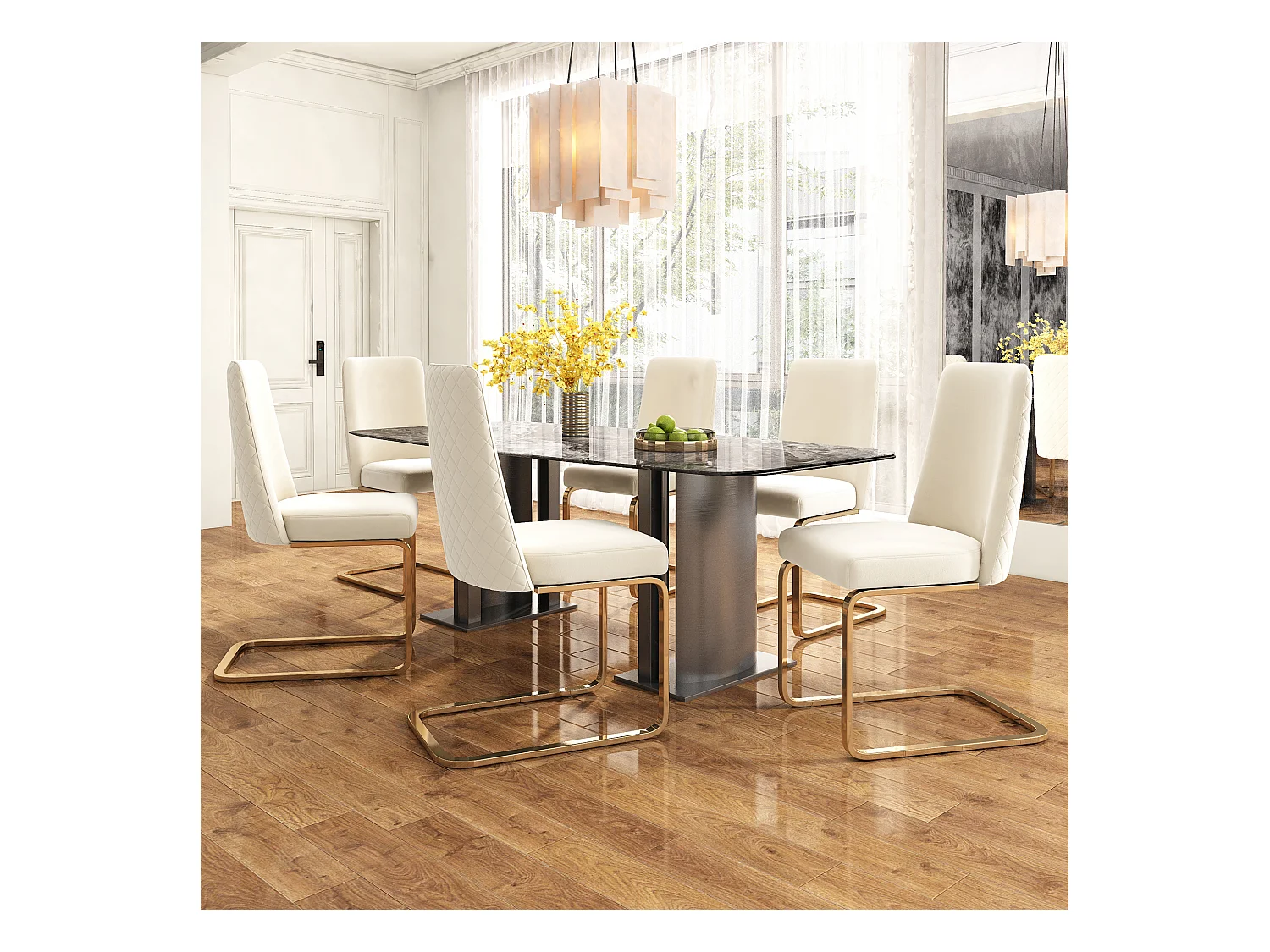 Cadeira de veludo bege com pernas douradas, encosto tufado em forma de diamante, para sala de estar ou sala de jantar, conjunto de 4