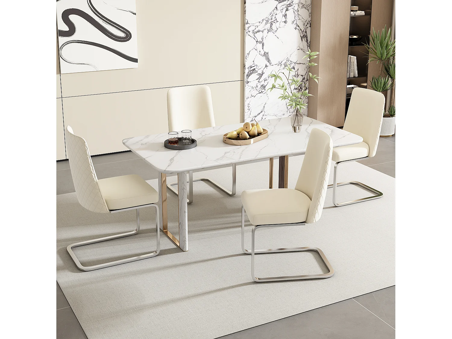 Chaise en velours beige dossier capitonné avec pieds métal argenté pour salon ou salle à manger lot de 6