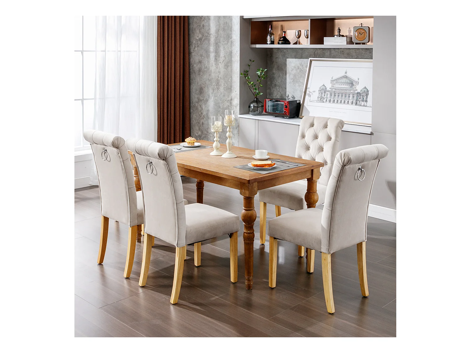 Chaise de salle à manger velluto beige lotto de 6 con pieds en chêne stile classico bottone capitonné lotto de 4