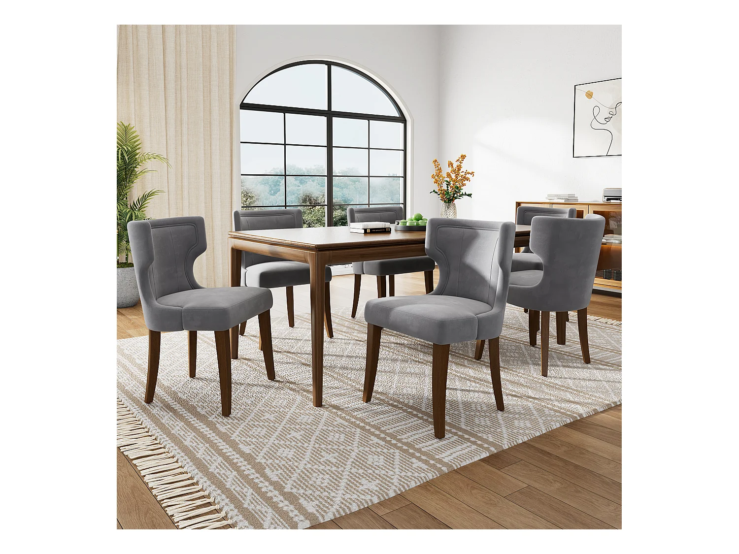 Silla de terciopelo gris con patas ajustables de madera maciza y cojín grueso para sala de estar o cocina, juego de 6