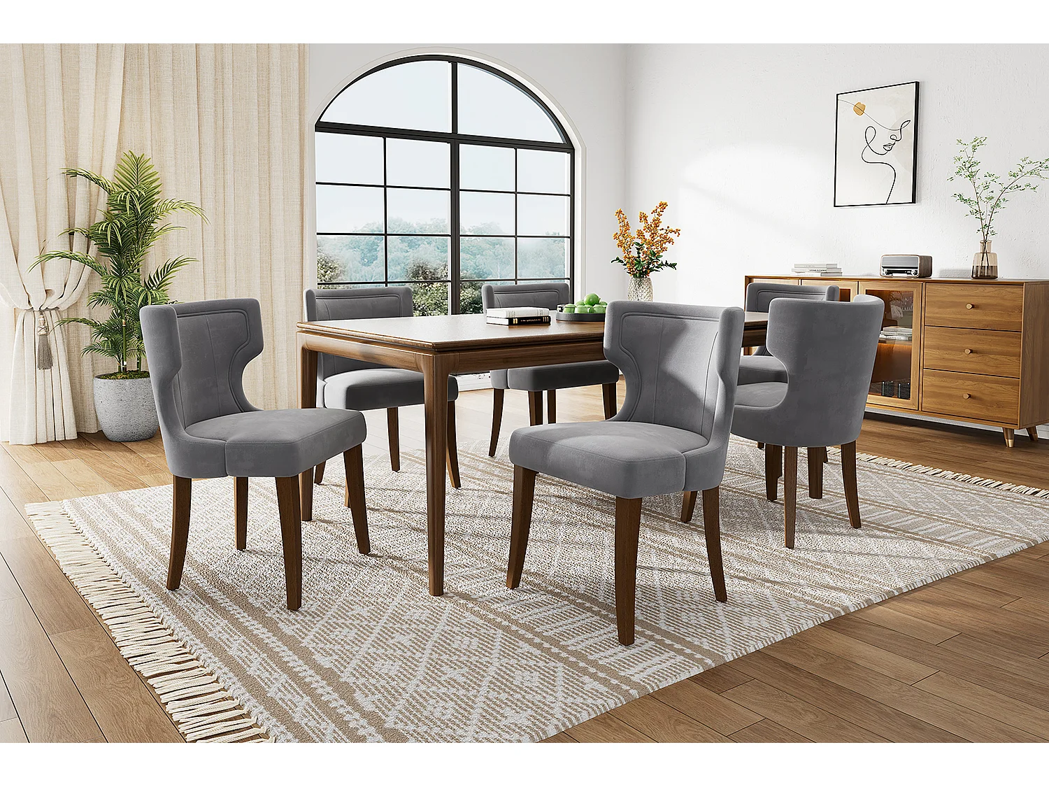 Silla de terciopelo gris con patas ajustables de madera maciza y cojín grueso para sala de estar o cocina, juego de 6