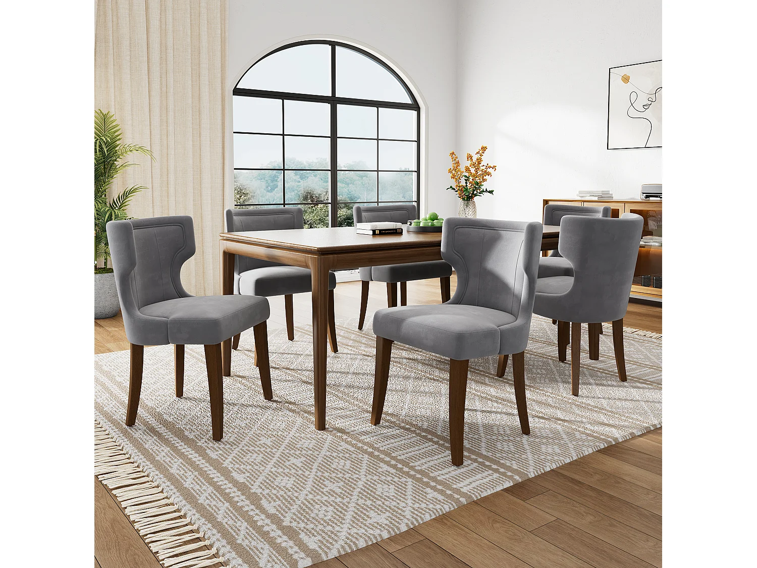 Chaise en velours gris avec pieds en bois massif réglables et coussin épais pour salon ou cuisine lot de 6