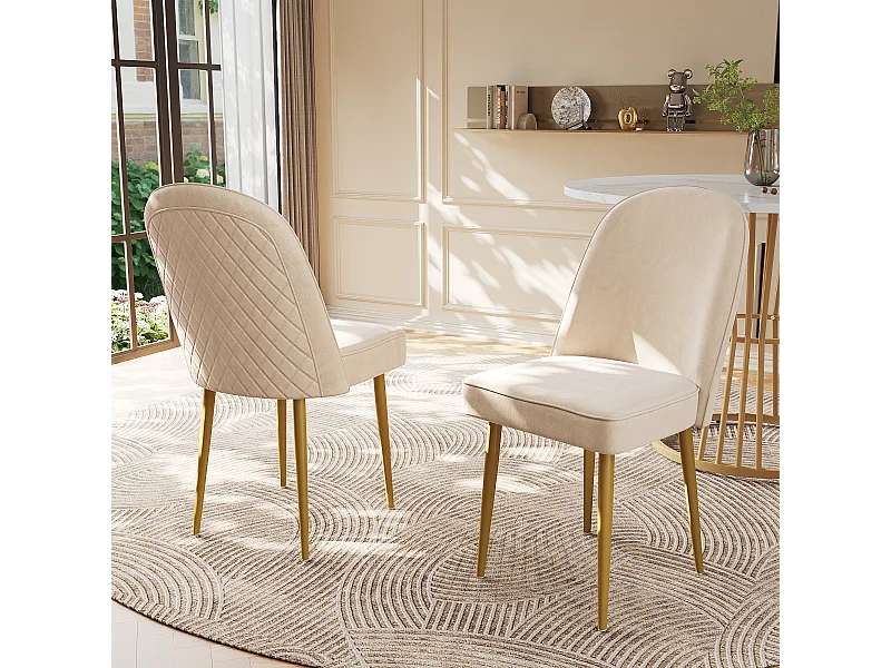 Cadeira de jantar de veludo bege com pernas de metal dourado e encosto arredondado confortável 45×62×87cm conjunto de 2