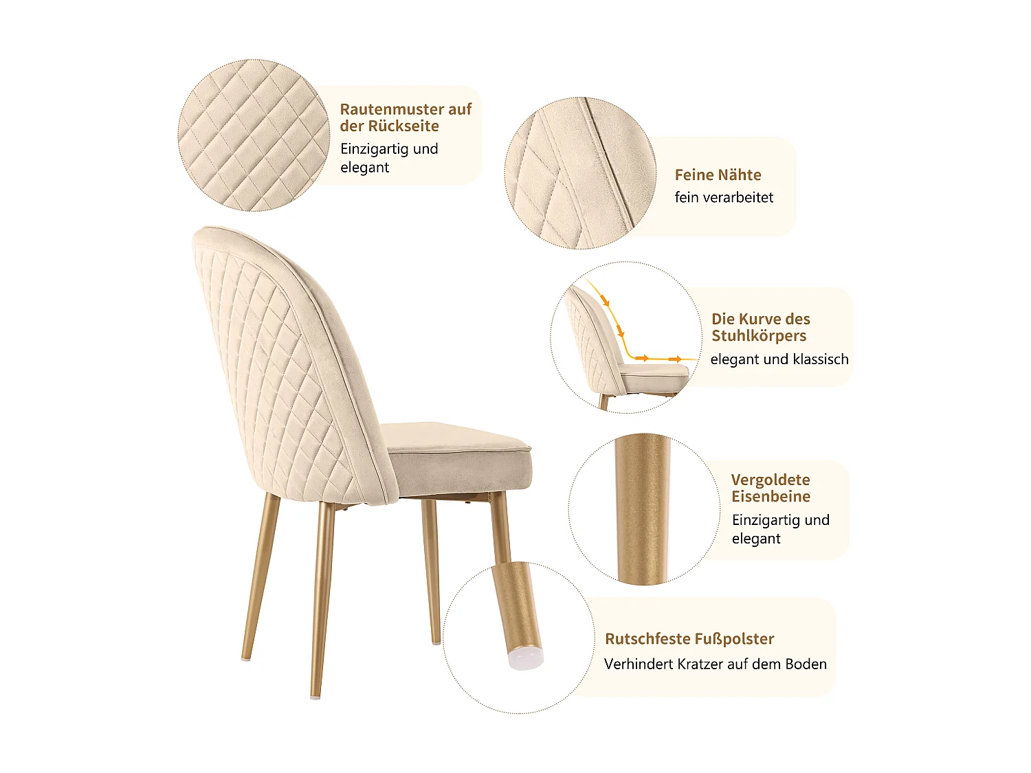 Chaise salle à manger in velluto beige pieds métal o dossier arrondi comoda 45×62×87cm lotto di 2