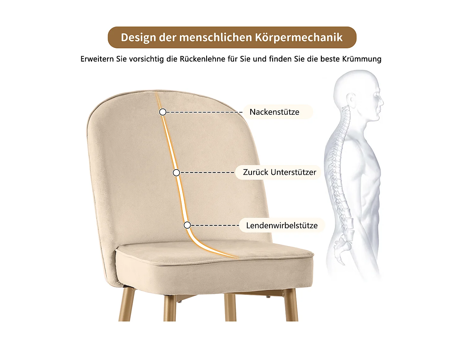 Chaise salle à manger in velluto beige pieds métal o dossier arrondi comoda 45×62×87cm lotto di 2