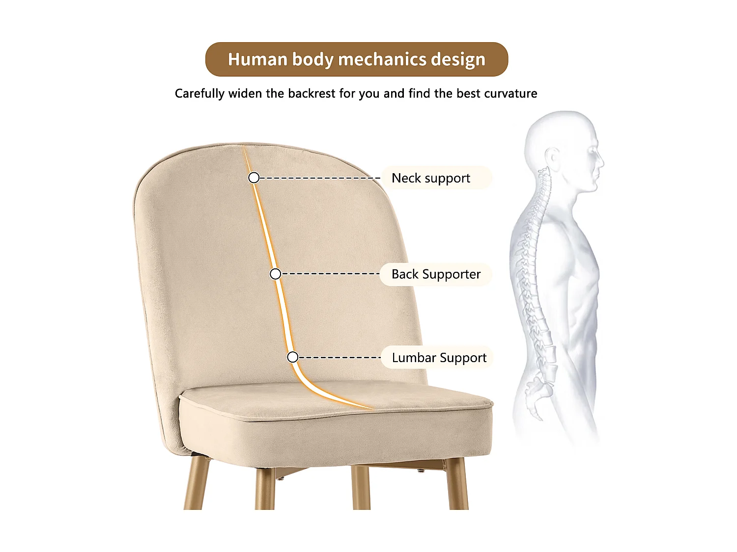Chaise salle à manger in velluto beige pieds métal o dossier arrondi comoda 45×62×87cm lotto di 2