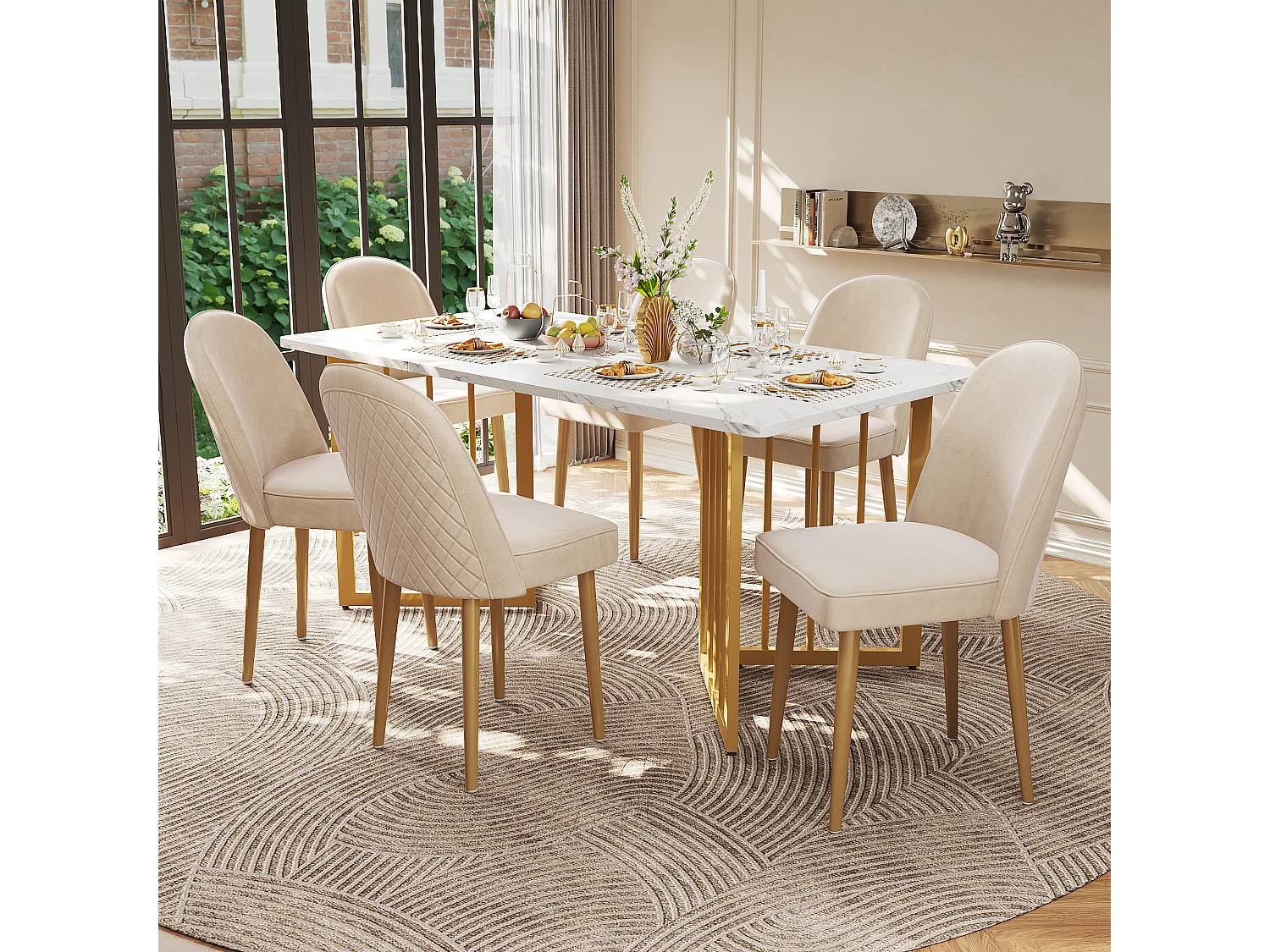 Chaise salle à manger en velours beige pieds métal or dossier arrondi confortable 45×62×87cm lot de 2