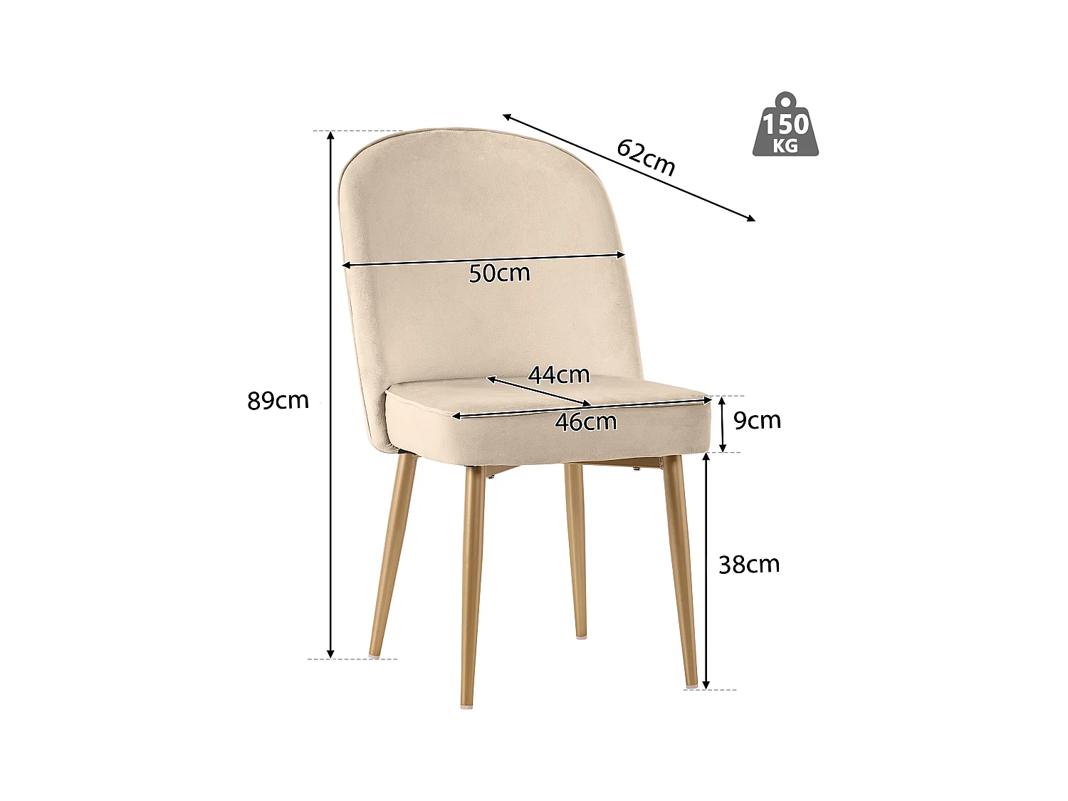 Silla de comedor de terciopelo beige con patas de metal dorado y cómodo respaldo redondeado 45×62×87cm juego de 4