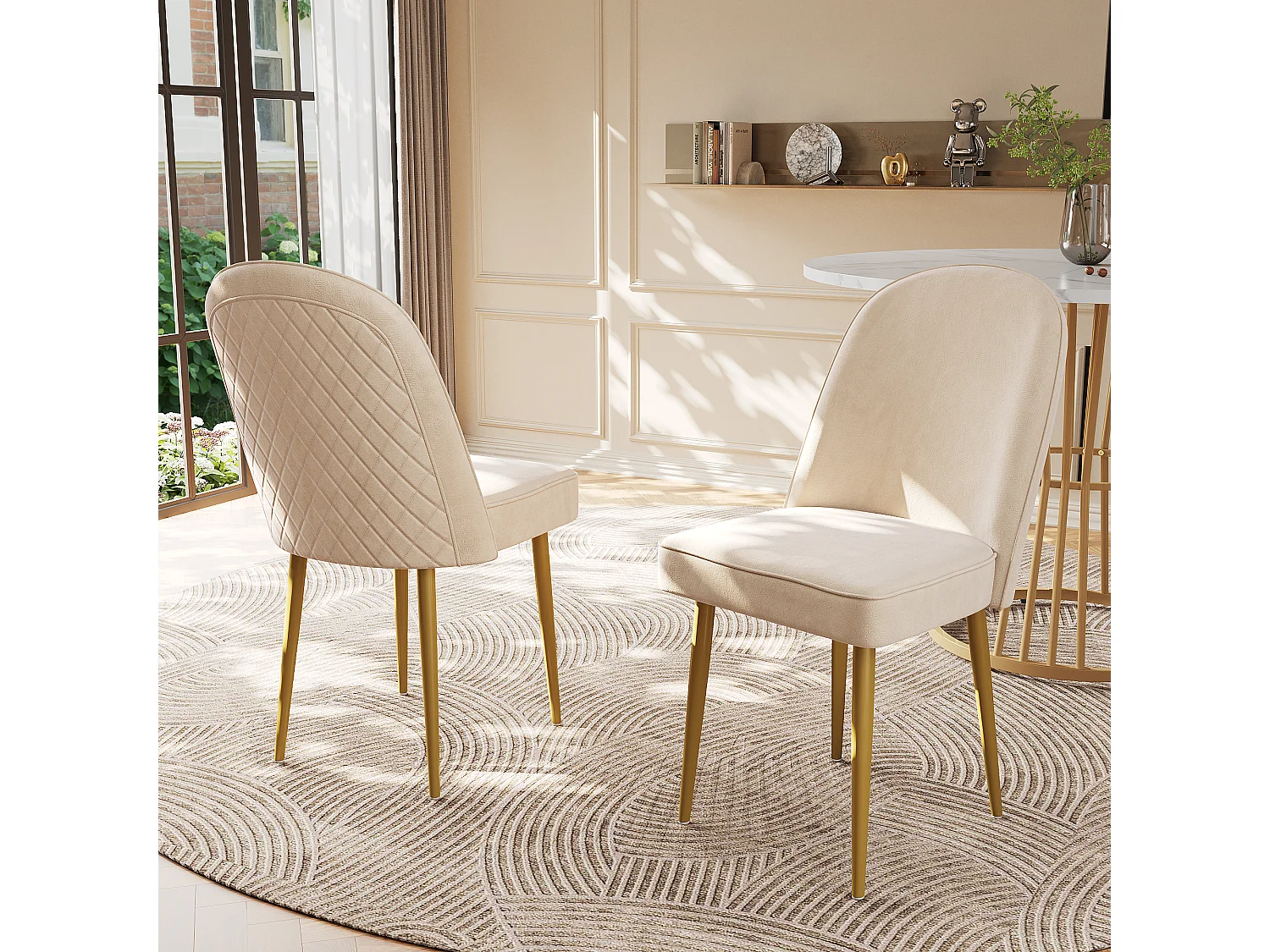 Chaise salle à manger in velluto beige pieds métal o dossier arrondi comoda 45×62×87cm lotto di 4