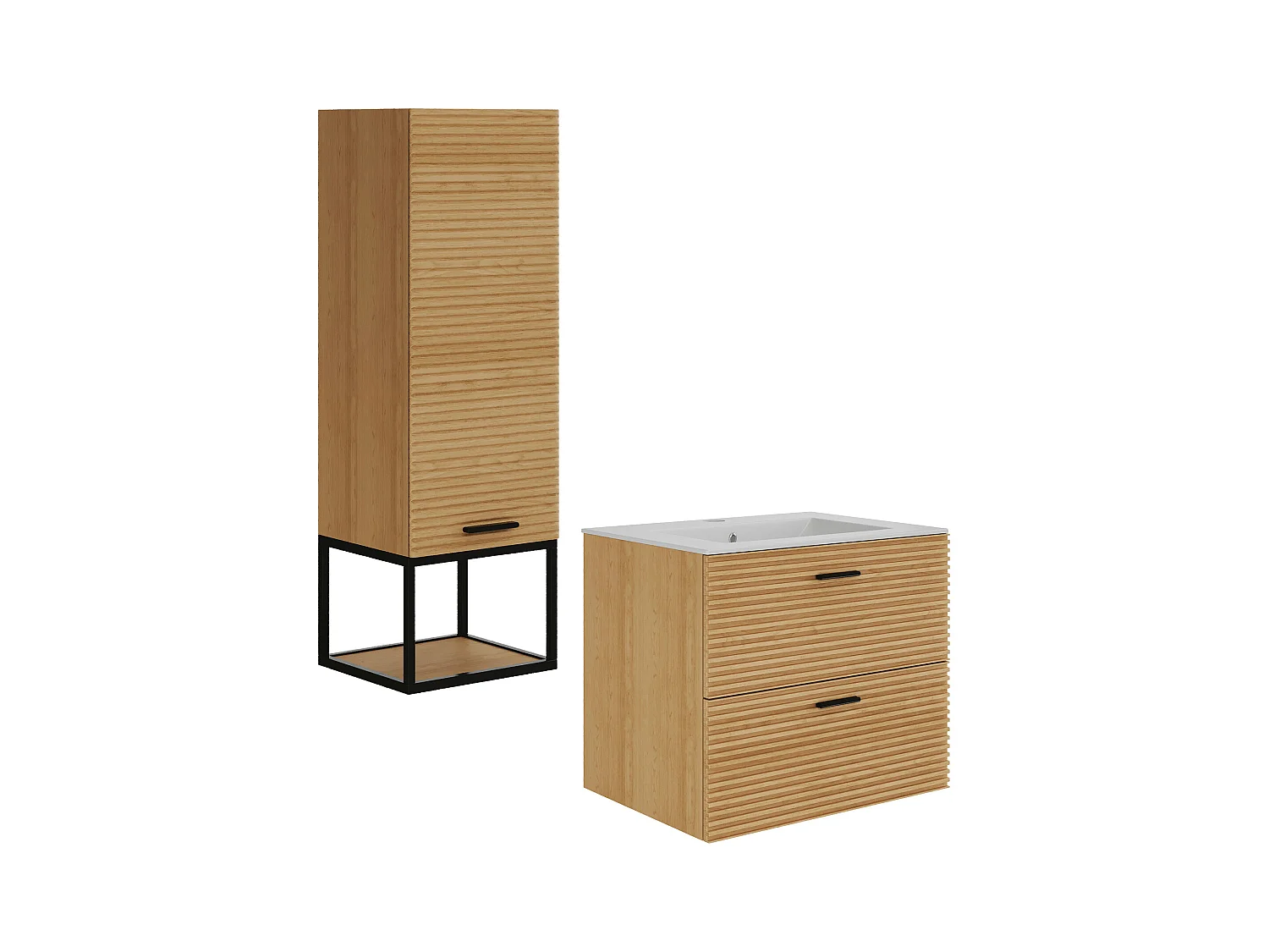 Meuble de salle de bain suspendu strié avec vasque à encastrer et colonne avec niche - 2 tiroirs - Naturel clair - 60 cm - SARONE