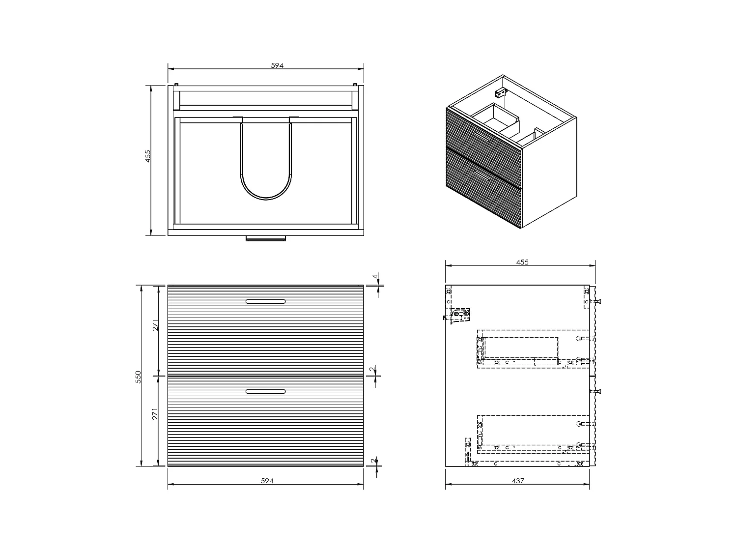 Meuble de salle de bain suspendu strié avec vasque à encastrer et colonne avec niche - 2 tiroirs - Naturel clair - 60 cm - SARONE