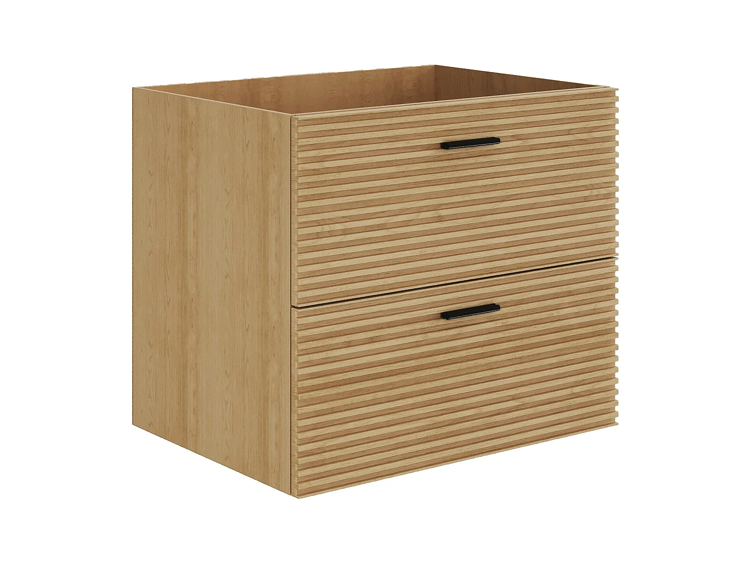 Meuble de salle de bain suspendu strié avec vasque à encastrer et colonne avec niche - 2 tiroirs - Naturel clair - 60 cm - SARONE