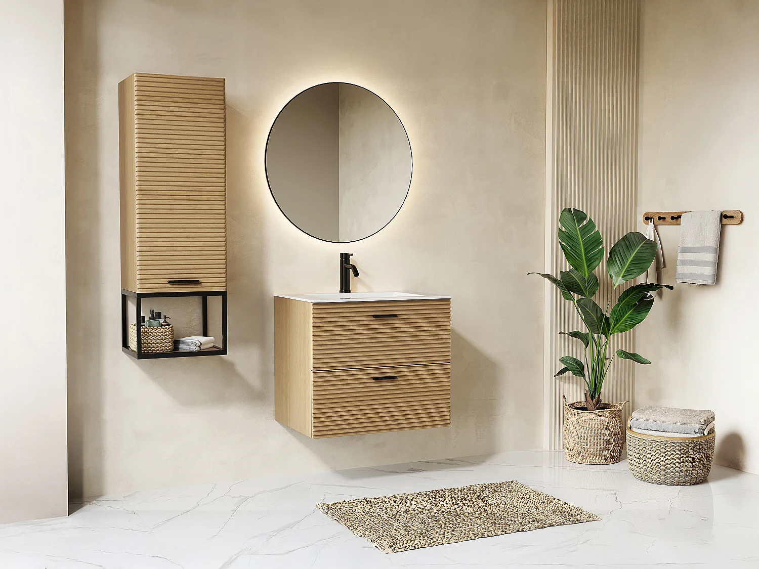 Badezimmermöbel geriffelt hängend mit Einbauwaschbecken und Hochschrank mit Nische - 2 Schubladen - Natur hell - 60 cm - SARONE