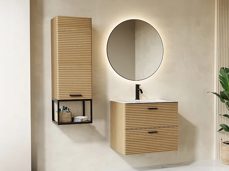 Móvel de casa de banho suspenso estriado com lavatório de encastrar e coluna com nicho - 2 gavetas - Madeira clara natural - 60 cm - SARONE