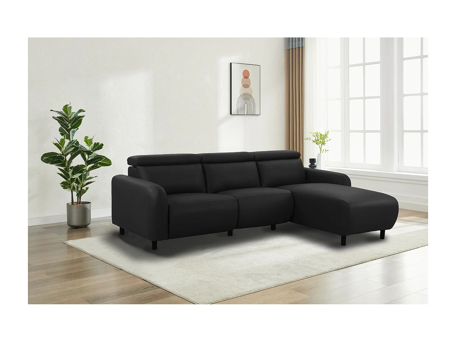 Skaane | Sofa 3 seater with chaise right & electric function in PU black
