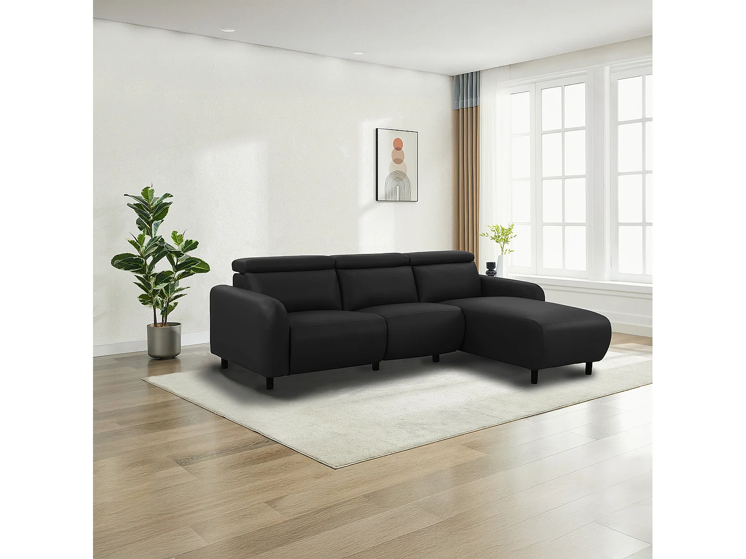 Skaane | Sofa 3 seater with chaise right & electric function in PU black